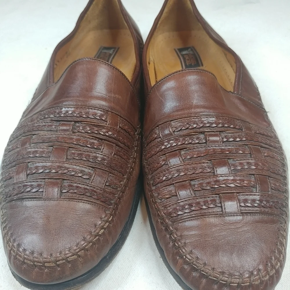 Miguel Angel Brown Woven Leather Slip On Loafers S